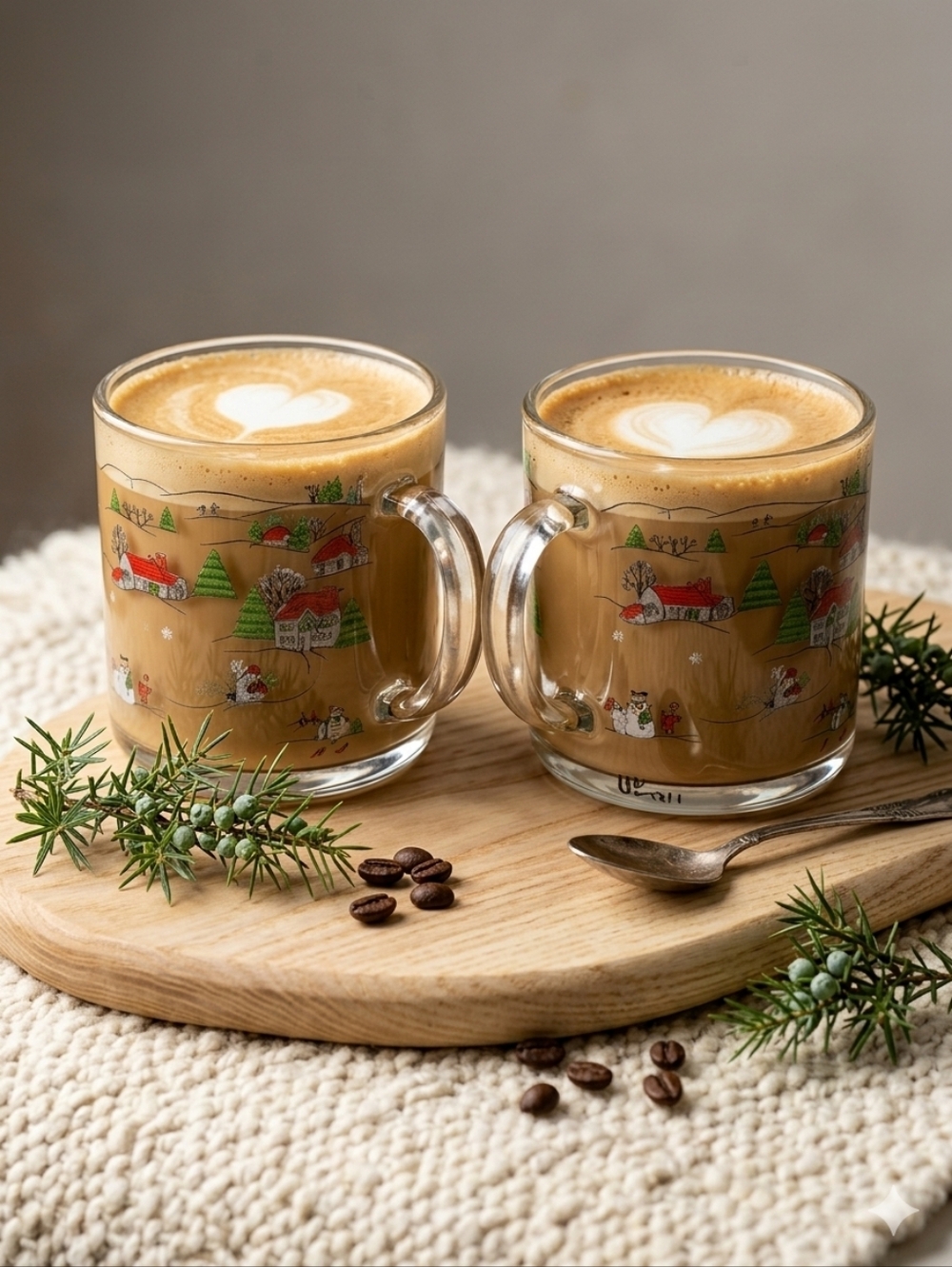 KIG Christmas Village Clear Glass Coffee Mugs Winter‎ Sleigh Holiday Cups Pair